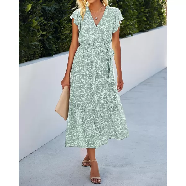 BTFBM Women Summer Bohemian Floral Casual Wrap V Neck Ruffle Cap Sleeveless Belt ALine Pleated Hem Midi Sun Dress WhiteLight Green