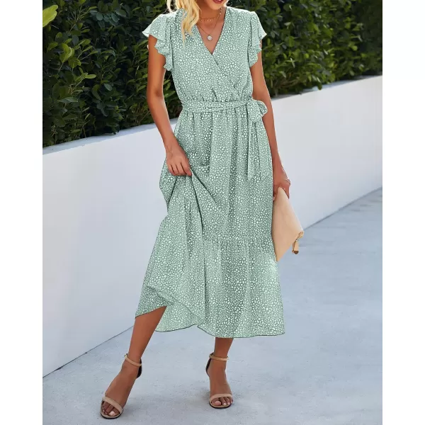 BTFBM Women Summer Bohemian Floral Casual Wrap V Neck Ruffle Cap Sleeveless Belt ALine Pleated Hem Midi Sun Dress WhiteLight Green
