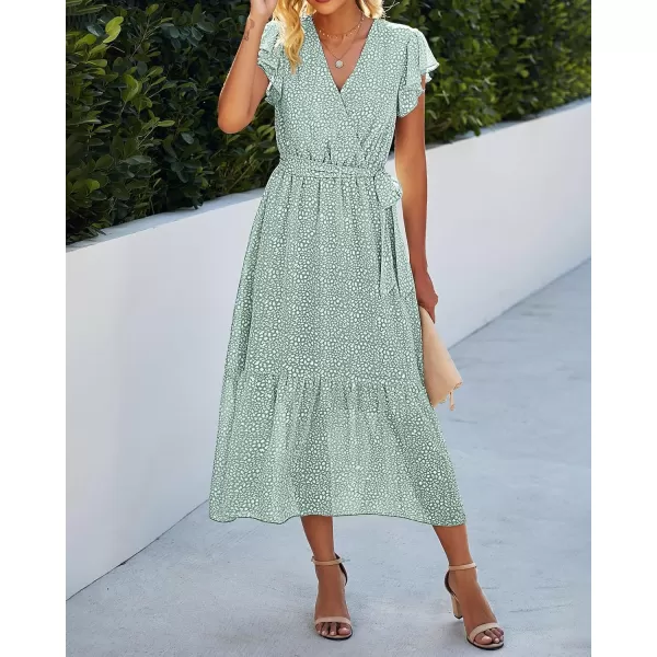 BTFBM Women Summer Bohemian Floral Casual Wrap V Neck Ruffle Cap Sleeveless Belt ALine Pleated Hem Midi Sun Dress WhiteLight Green