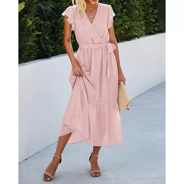 BTFBM Women Summer Bohemian Floral Casual Wrap V Neck Ruffle Cap Sleeveless Belt ALine Pleated Hem Midi Sun Dress WhitePink