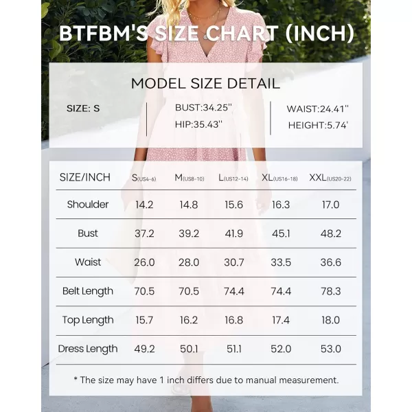 BTFBM Women Summer Bohemian Floral Casual Wrap V Neck Ruffle Cap Sleeveless Belt ALine Pleated Hem Midi Sun Dress WhitePink
