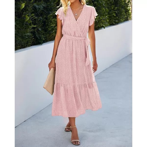 BTFBM Women Summer Bohemian Floral Casual Wrap V Neck Ruffle Cap Sleeveless Belt ALine Pleated Hem Midi Sun Dress WhitePink
