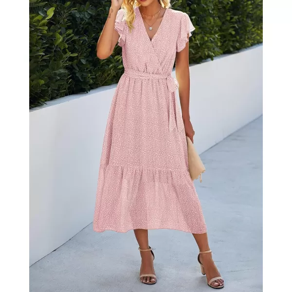 BTFBM Women Summer Bohemian Floral Casual Wrap V Neck Ruffle Cap Sleeveless Belt ALine Pleated Hem Midi Sun Dress WhitePink
