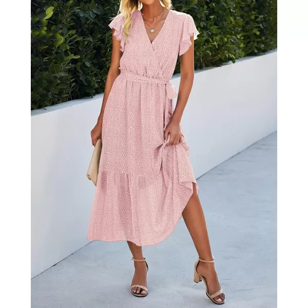 BTFBM Women Summer Bohemian Floral Casual Wrap V Neck Ruffle Cap Sleeveless Belt ALine Pleated Hem Midi Sun Dress WhitePink