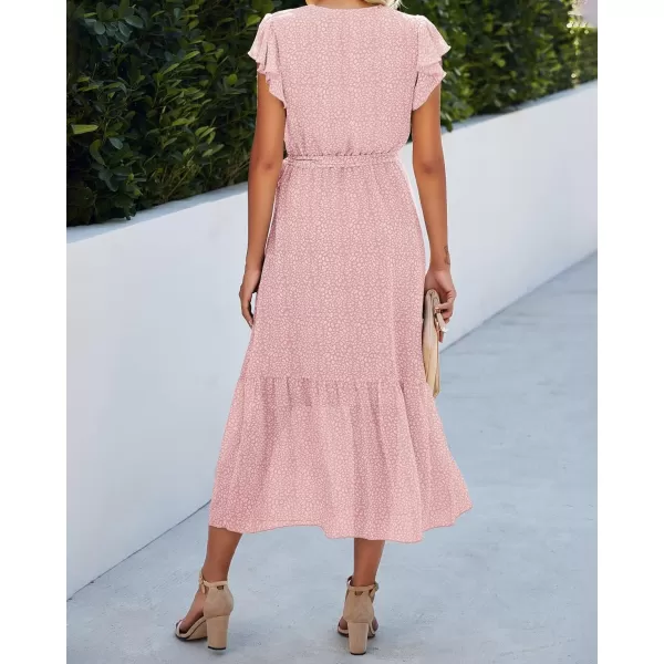 BTFBM Women Summer Bohemian Floral Casual Wrap V Neck Ruffle Cap Sleeveless Belt ALine Pleated Hem Midi Sun Dress WhitePink