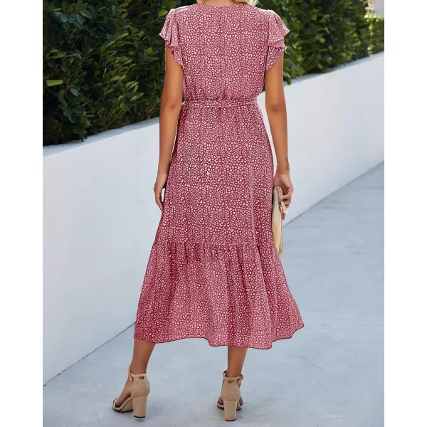 BTFBM Women Summer Bohemian Floral Casual Wrap V Neck Ruffle Cap Sleeveless Belt ALine Pleated Hem Midi Sun Dress WhiteRed