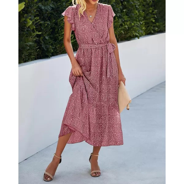 BTFBM Women Summer Bohemian Floral Casual Wrap V Neck Ruffle Cap Sleeveless Belt ALine Pleated Hem Midi Sun Dress WhiteRed