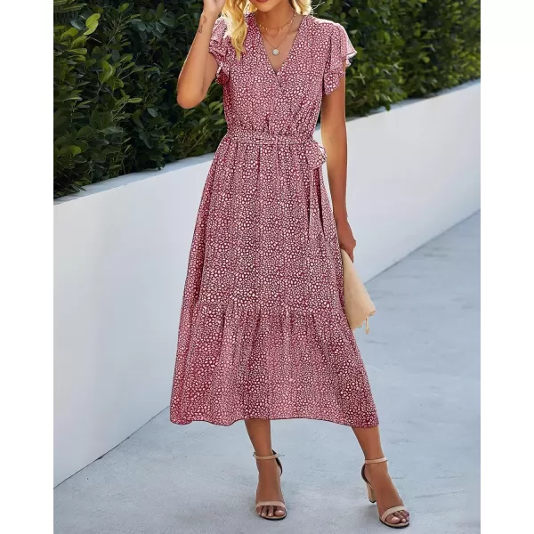 BTFBM Women Summer Bohemian Floral Casual Wrap V Neck Ruffle Cap Sleeveless Belt ALine Pleated Hem Midi Sun Dress WhiteRed