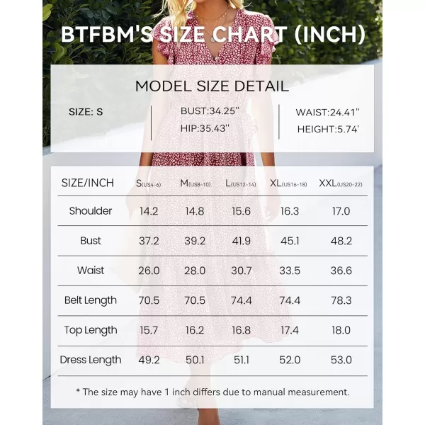 BTFBM Women Summer Bohemian Floral Casual Wrap V Neck Ruffle Cap Sleeveless Belt ALine Pleated Hem Midi Sun Dress WhiteRed