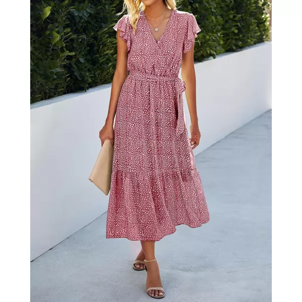 BTFBM Women Summer Bohemian Floral Casual Wrap V Neck Ruffle Cap Sleeveless Belt ALine Pleated Hem Midi Sun Dress WhiteRed