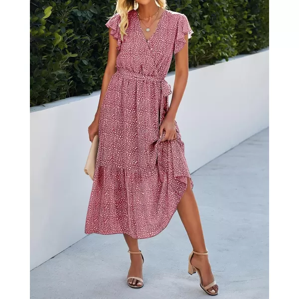 BTFBM Women Summer Bohemian Floral Casual Wrap V Neck Ruffle Cap Sleeveless Belt ALine Pleated Hem Midi Sun Dress WhiteRed