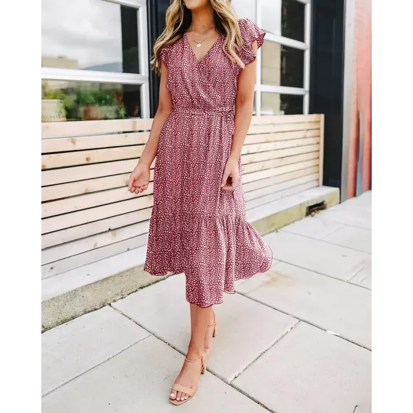 BTFBM Women Summer Bohemian Floral Casual Wrap V Neck Ruffle Cap Sleeveless Belt ALine Pleated Hem Midi Sun Dress WhiteRed