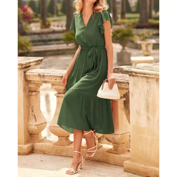 BTFBM Women Summer Bohemian Floral Casual Wrap V Neck Ruffle Cap Sleeveless Belt ALine Pleated Hem Midi Sun Dress WhiteSolid Army Green