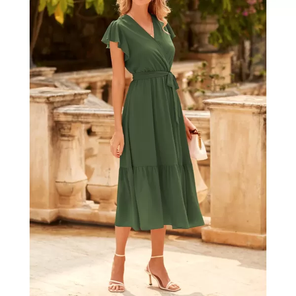 BTFBM Women Summer Bohemian Floral Casual Wrap V Neck Ruffle Cap Sleeveless Belt ALine Pleated Hem Midi Sun Dress WhiteSolid Army Green