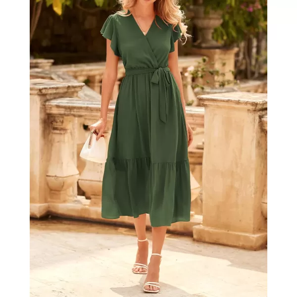 BTFBM Women Summer Bohemian Floral Casual Wrap V Neck Ruffle Cap Sleeveless Belt ALine Pleated Hem Midi Sun Dress WhiteSolid Army Green