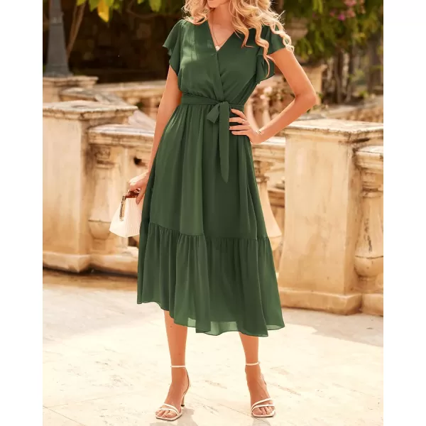BTFBM Women Summer Bohemian Floral Casual Wrap V Neck Ruffle Cap Sleeveless Belt ALine Pleated Hem Midi Sun Dress WhiteSolid Army Green