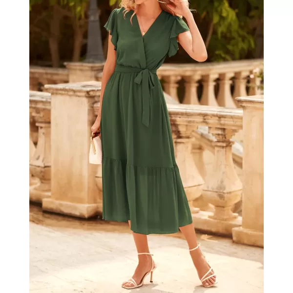 BTFBM Women Summer Bohemian Floral Casual Wrap V Neck Ruffle Cap Sleeveless Belt ALine Pleated Hem Midi Sun Dress WhiteSolid Army Green