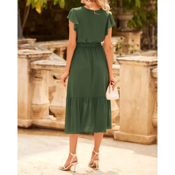 BTFBM Women Summer Bohemian Floral Casual Wrap V Neck Ruffle Cap Sleeveless Belt ALine Pleated Hem Midi Sun Dress WhiteSolid Army Green