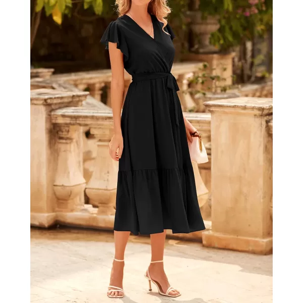 BTFBM Women Summer Bohemian Floral Casual Wrap V Neck Ruffle Cap Sleeveless Belt ALine Pleated Hem Midi Sun Dress WhiteSolid Black