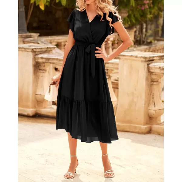 BTFBM Women Summer Bohemian Floral Casual Wrap V Neck Ruffle Cap Sleeveless Belt ALine Pleated Hem Midi Sun Dress WhiteSolid Black