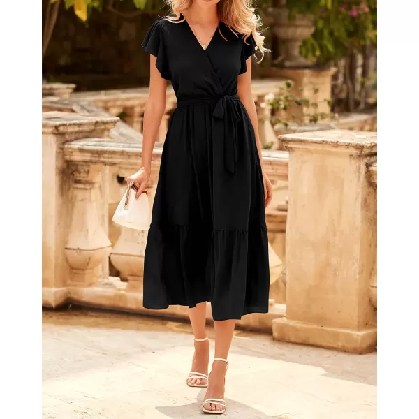 BTFBM Women Summer Bohemian Floral Casual Wrap V Neck Ruffle Cap Sleeveless Belt ALine Pleated Hem Midi Sun Dress WhiteSolid Black