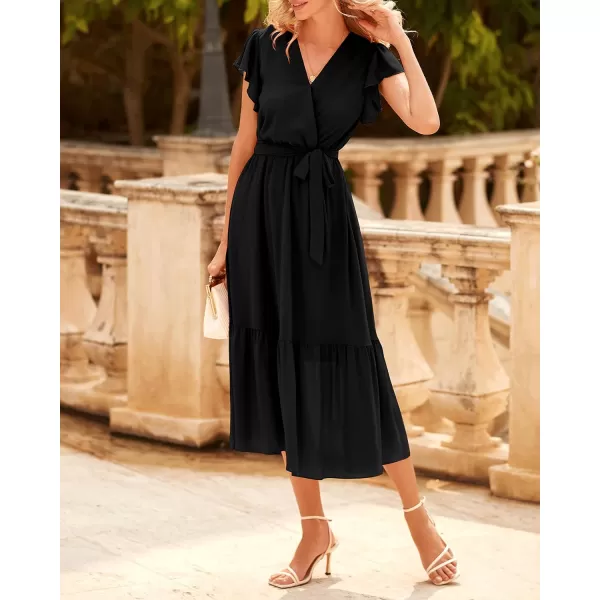 BTFBM Women Summer Bohemian Floral Casual Wrap V Neck Ruffle Cap Sleeveless Belt ALine Pleated Hem Midi Sun Dress WhiteSolid Black