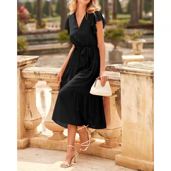 BTFBM Women Summer Bohemian Floral Casual Wrap V Neck Ruffle Cap Sleeveless Belt ALine Pleated Hem Midi Sun Dress WhiteSolid Black