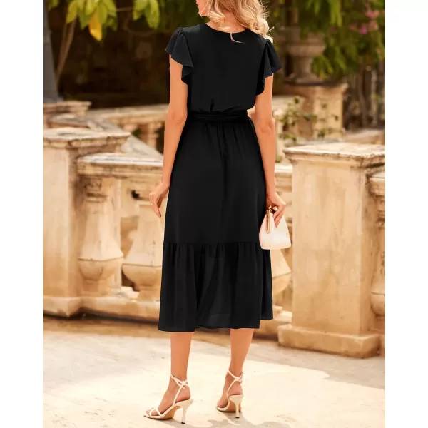 BTFBM Women Summer Bohemian Floral Casual Wrap V Neck Ruffle Cap Sleeveless Belt ALine Pleated Hem Midi Sun Dress WhiteSolid Black