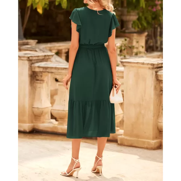 BTFBM Women Summer Bohemian Floral Casual Wrap V Neck Ruffle Cap Sleeveless Belt ALine Pleated Hem Midi Sun Dress WhiteSolid Dark Green