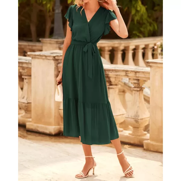 BTFBM Women Summer Bohemian Floral Casual Wrap V Neck Ruffle Cap Sleeveless Belt ALine Pleated Hem Midi Sun Dress WhiteSolid Dark Green