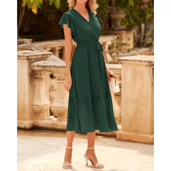 BTFBM Women Summer Bohemian Floral Casual Wrap V Neck Ruffle Cap Sleeveless Belt ALine Pleated Hem Midi Sun Dress WhiteSolid Dark Green