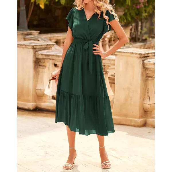 BTFBM Women Summer Bohemian Floral Casual Wrap V Neck Ruffle Cap Sleeveless Belt ALine Pleated Hem Midi Sun Dress WhiteSolid Dark Green