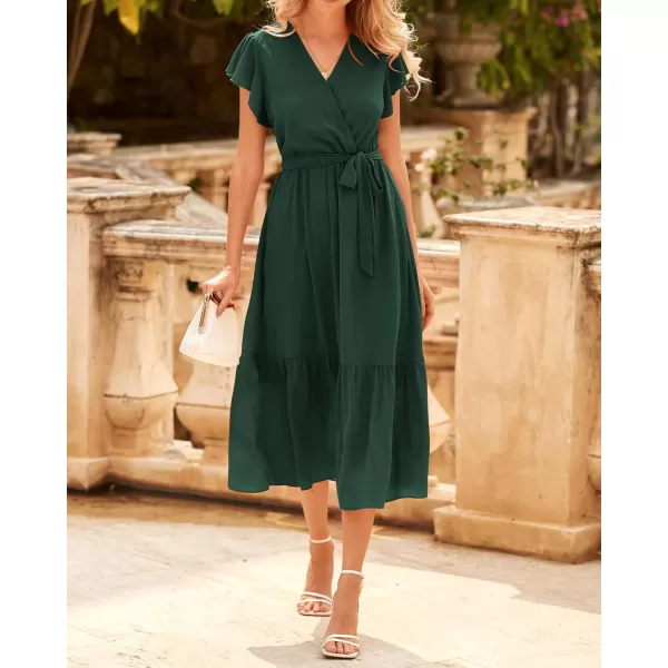 BTFBM Women Summer Bohemian Floral Casual Wrap V Neck Ruffle Cap Sleeveless Belt ALine Pleated Hem Midi Sun Dress WhiteSolid Dark Green