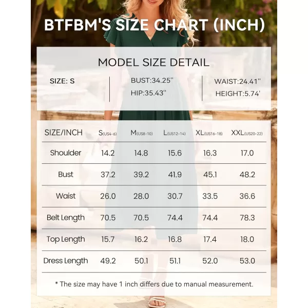 BTFBM Women Summer Bohemian Floral Casual Wrap V Neck Ruffle Cap Sleeveless Belt ALine Pleated Hem Midi Sun Dress WhiteSolid Dark Green