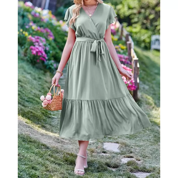 BTFBM Women Summer Bohemian Floral Casual Wrap V Neck Ruffle Cap Sleeveless Belt ALine Pleated Hem Midi Sun Dress WhiteSolid Green