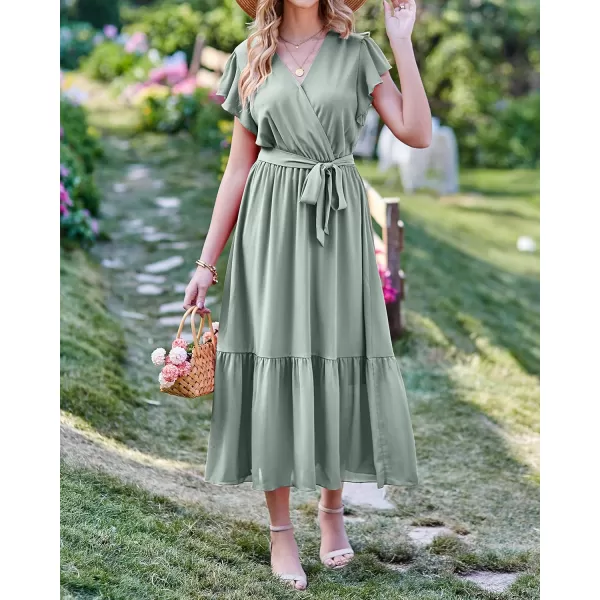 BTFBM Women Summer Bohemian Floral Casual Wrap V Neck Ruffle Cap Sleeveless Belt ALine Pleated Hem Midi Sun Dress WhiteSolid Green