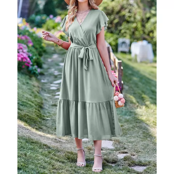 BTFBM Women Summer Bohemian Floral Casual Wrap V Neck Ruffle Cap Sleeveless Belt ALine Pleated Hem Midi Sun Dress WhiteSolid Green