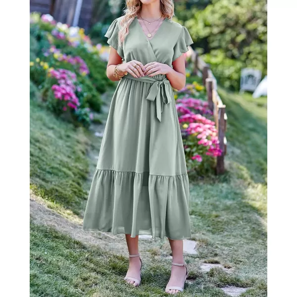 BTFBM Women Summer Bohemian Floral Casual Wrap V Neck Ruffle Cap Sleeveless Belt ALine Pleated Hem Midi Sun Dress WhiteSolid Green