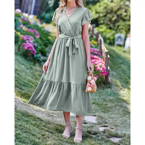 BTFBM Women Summer Bohemian Floral Casual Wrap V Neck Ruffle Cap Sleeveless Belt ALine Pleated Hem Midi Sun Dress WhiteSolid Green