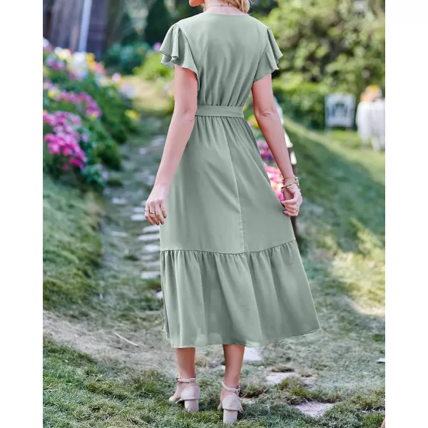 BTFBM Women Summer Bohemian Floral Casual Wrap V Neck Ruffle Cap Sleeveless Belt ALine Pleated Hem Midi Sun Dress WhiteSolid Green