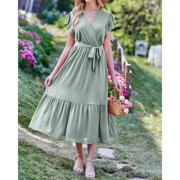 BTFBM Women Summer Bohemian Floral Casual Wrap V Neck Ruffle Cap Sleeveless Belt ALine Pleated Hem Midi Sun Dress WhiteSolid Green