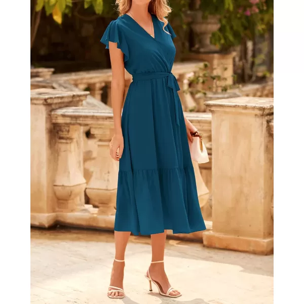 BTFBM Women Summer Bohemian Floral Casual Wrap V Neck Ruffle Cap Sleeveless Belt ALine Pleated Hem Midi Sun Dress WhiteSolid Lake Blue