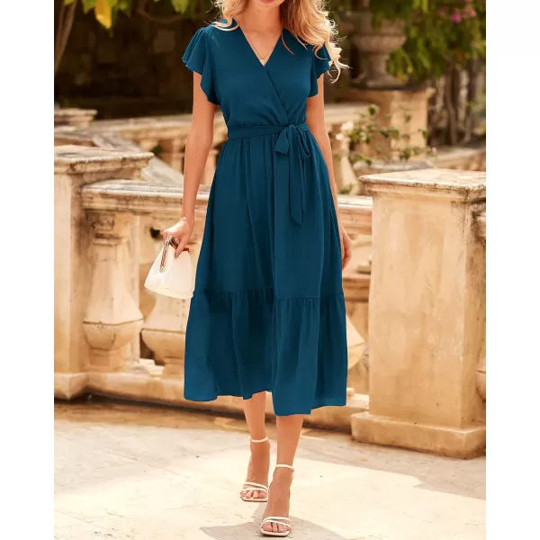 BTFBM Women Summer Bohemian Floral Casual Wrap V Neck Ruffle Cap Sleeveless Belt ALine Pleated Hem Midi Sun Dress WhiteSolid Lake Blue