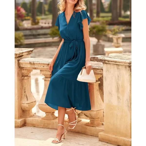 BTFBM Women Summer Bohemian Floral Casual Wrap V Neck Ruffle Cap Sleeveless Belt ALine Pleated Hem Midi Sun Dress WhiteSolid Lake Blue