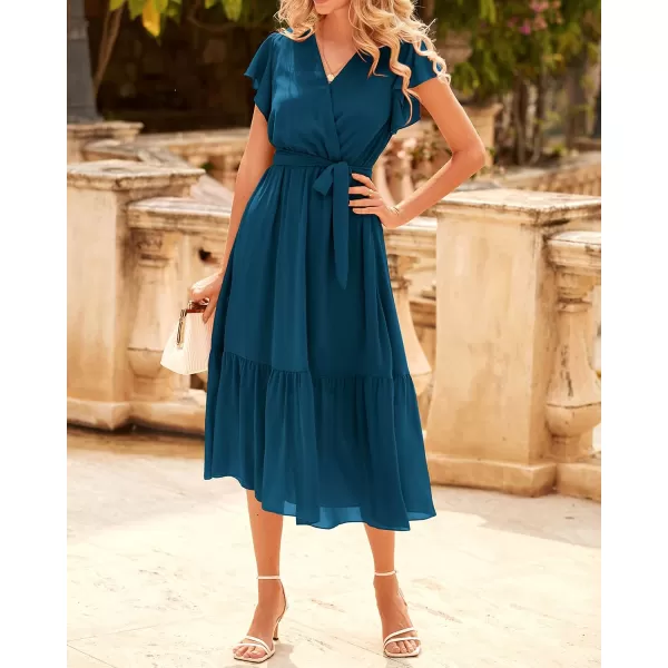 BTFBM Women Summer Bohemian Floral Casual Wrap V Neck Ruffle Cap Sleeveless Belt ALine Pleated Hem Midi Sun Dress WhiteSolid Lake Blue