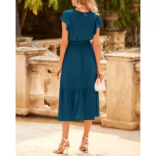 BTFBM Women Summer Bohemian Floral Casual Wrap V Neck Ruffle Cap Sleeveless Belt ALine Pleated Hem Midi Sun Dress WhiteSolid Lake Blue
