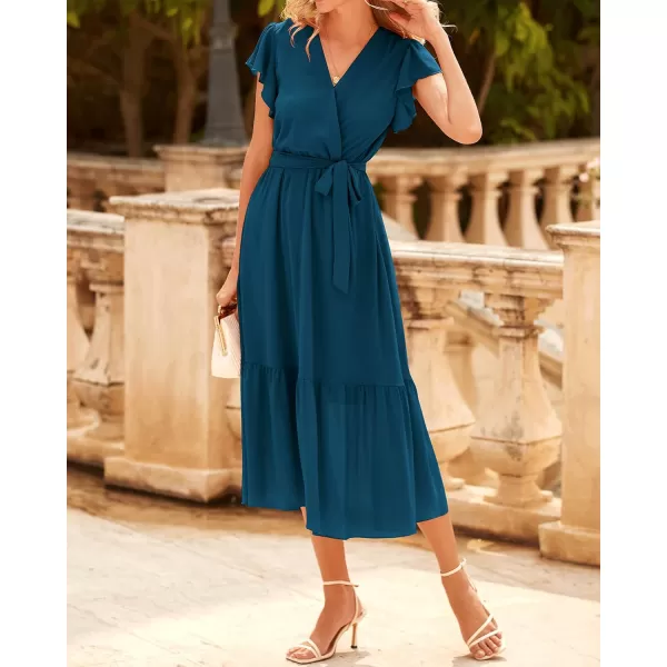 BTFBM Women Summer Bohemian Floral Casual Wrap V Neck Ruffle Cap Sleeveless Belt ALine Pleated Hem Midi Sun Dress WhiteSolid Lake Blue