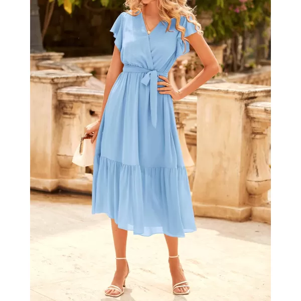 BTFBM Women Summer Bohemian Floral Casual Wrap V Neck Ruffle Cap Sleeveless Belt ALine Pleated Hem Midi Sun Dress WhiteSolid Light Blue