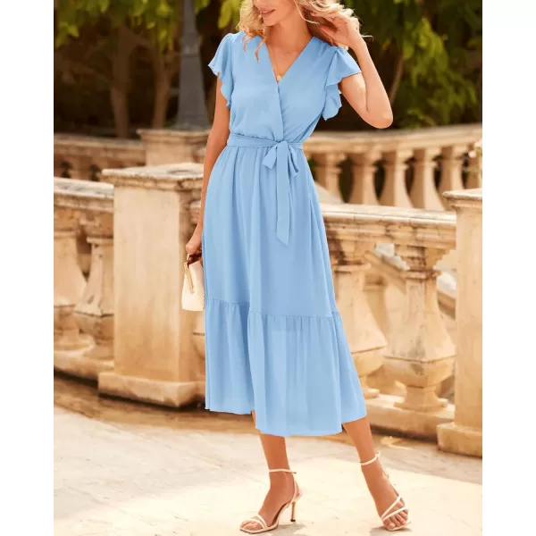 BTFBM Women Summer Bohemian Floral Casual Wrap V Neck Ruffle Cap Sleeveless Belt ALine Pleated Hem Midi Sun Dress WhiteSolid Light Blue