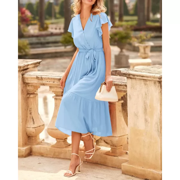 BTFBM Women Summer Bohemian Floral Casual Wrap V Neck Ruffle Cap Sleeveless Belt ALine Pleated Hem Midi Sun Dress WhiteSolid Light Blue